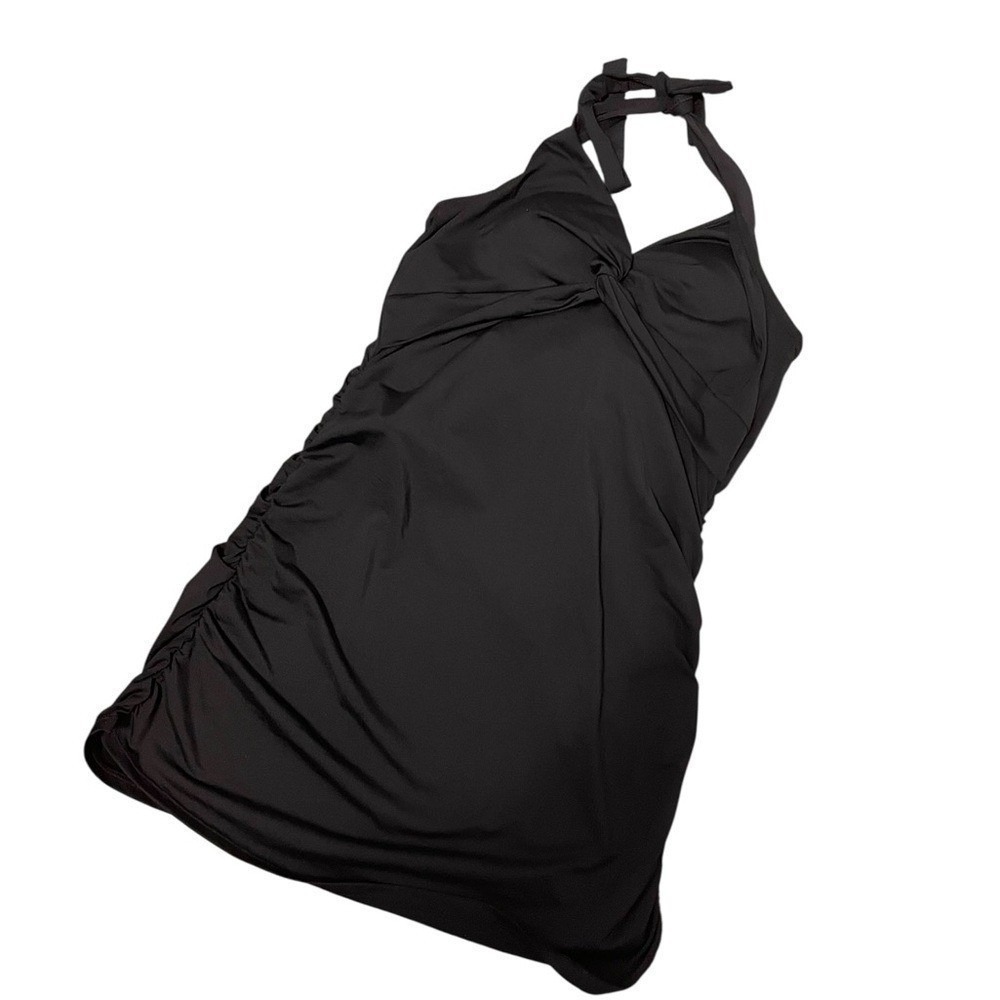 Garnet Hill Black Halter Swim Dress Twist Front Ruched Swimsuit NWT